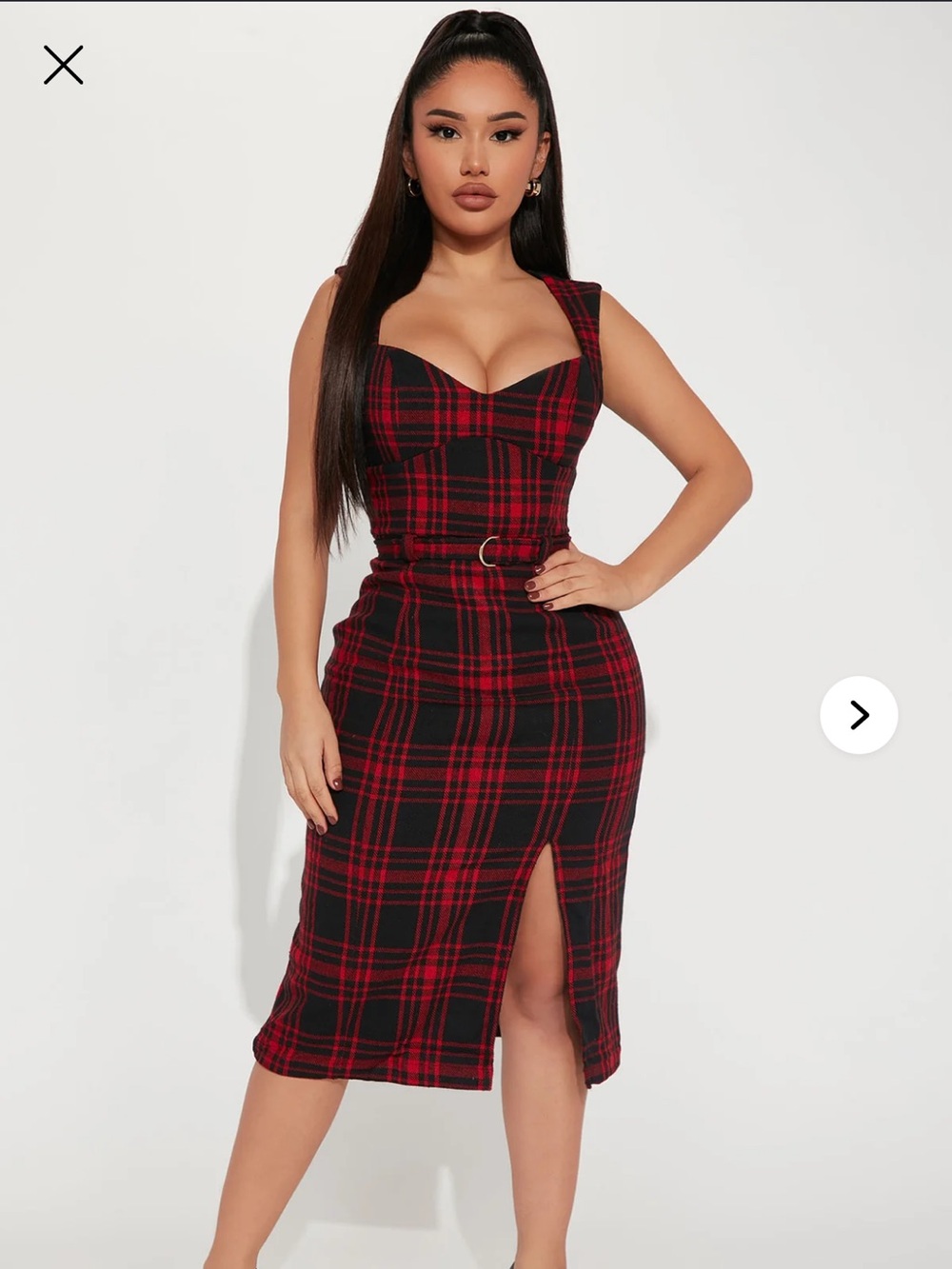 Fashion Nova Red and Black Plaid Midi Dress with Front Slit
